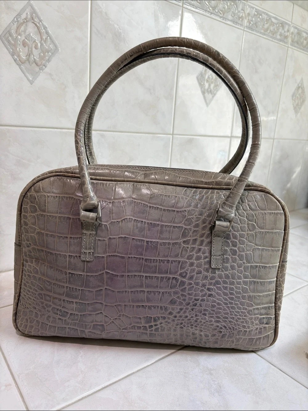 Tanner, Made in Italy ,Croc-Embossed Taupe/Gray Leather Top-zip Satchel
